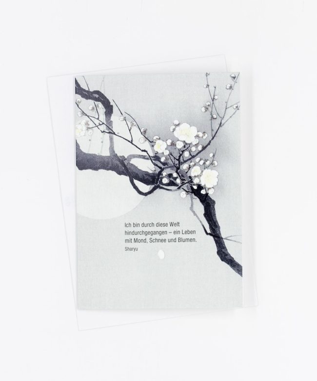 Kondolenzkarte Mond, Schnee und Blumen